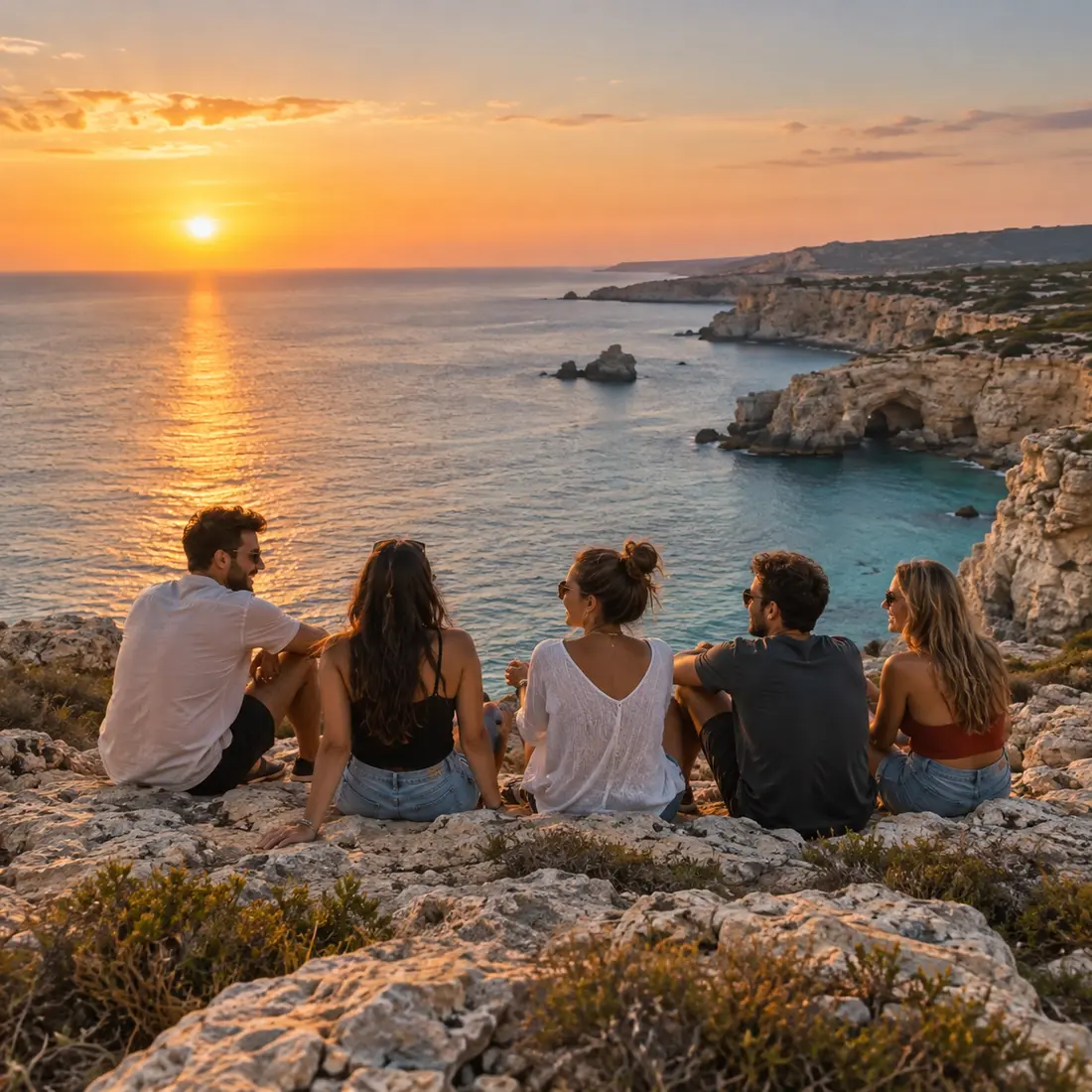 Friends sitting on a rocky cliff above the Mediterranean Sea at sunset, in a scene inspired by Cape Greco, Cyprus